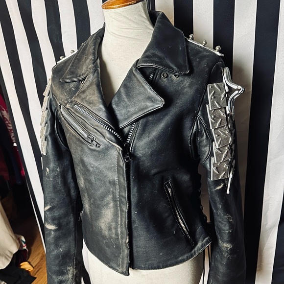 Vintage Custom Made Punk Heavy Metal Diamond Steel Plate Studded Leather Jacket - Picture 3 of 14